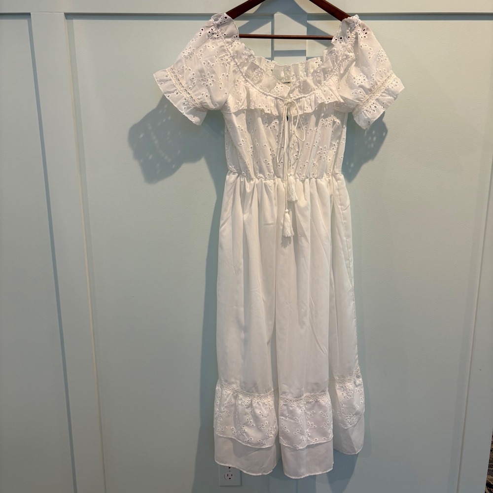 Off-Shoulder White Midi Dress with Eyelet Trim - Picture 2 of 16